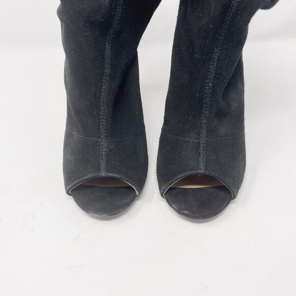 Nine West 6 Black Kaceyx5 Suede Leather Peep Toe Ruched Booties Block Heel - Picture 3 of 14